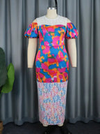Short Puff Sleeve Printed Lace Patchwork Dresses Maxi