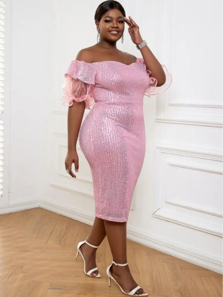 Strapless Lady Glitter Sequin Dress Midi Puff Sleeve