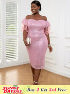 Strapless Lady Glitter Sequin Dress Midi Puff Sleeve