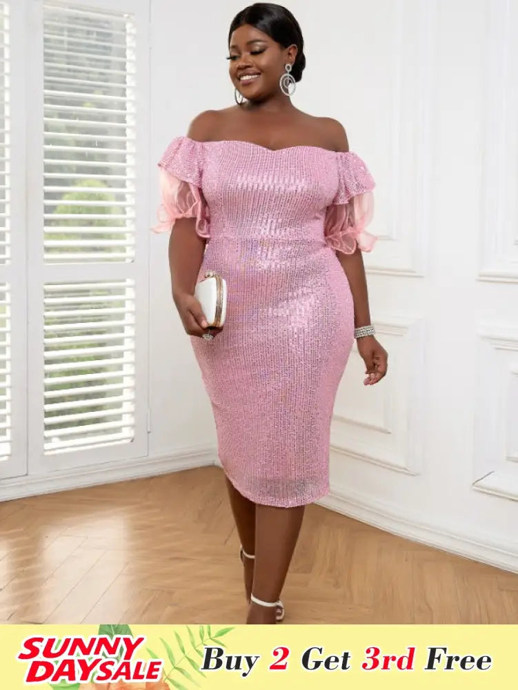 Strapless Lady Glitter Sequin Dress Midi Puff Sleeve