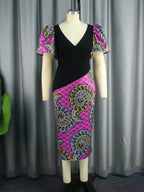 V Neck Patchwork African Printed Midi Dresses