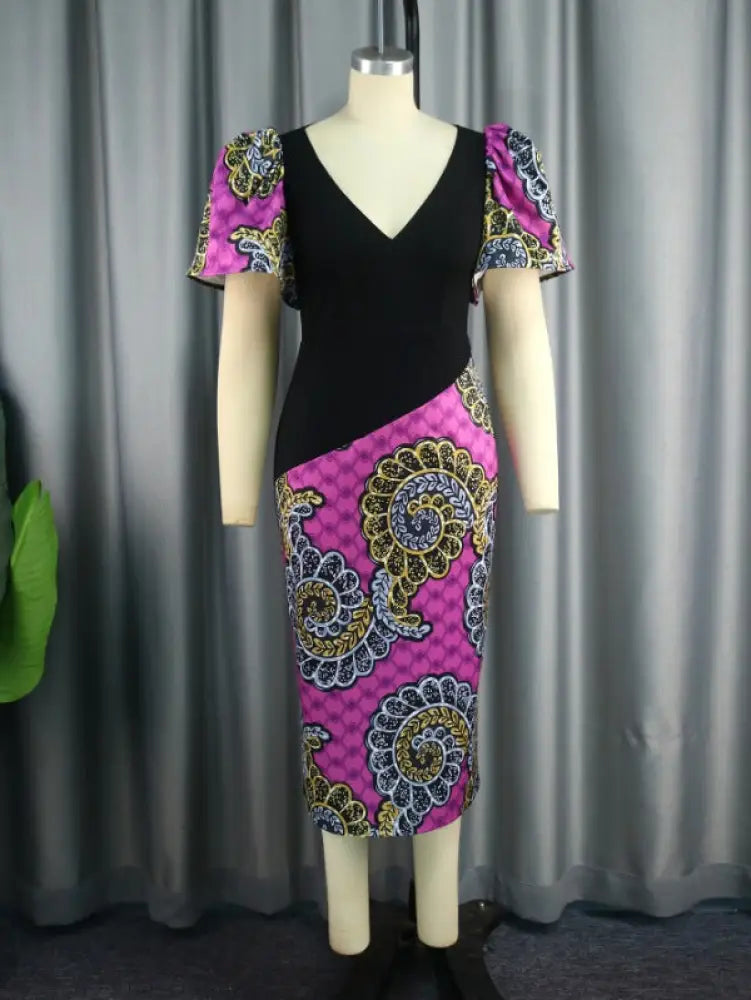 V Neck Patchwork African Printed Midi Dresses