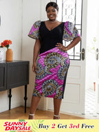 V Neck Patchwork African Printed Midi Dresses