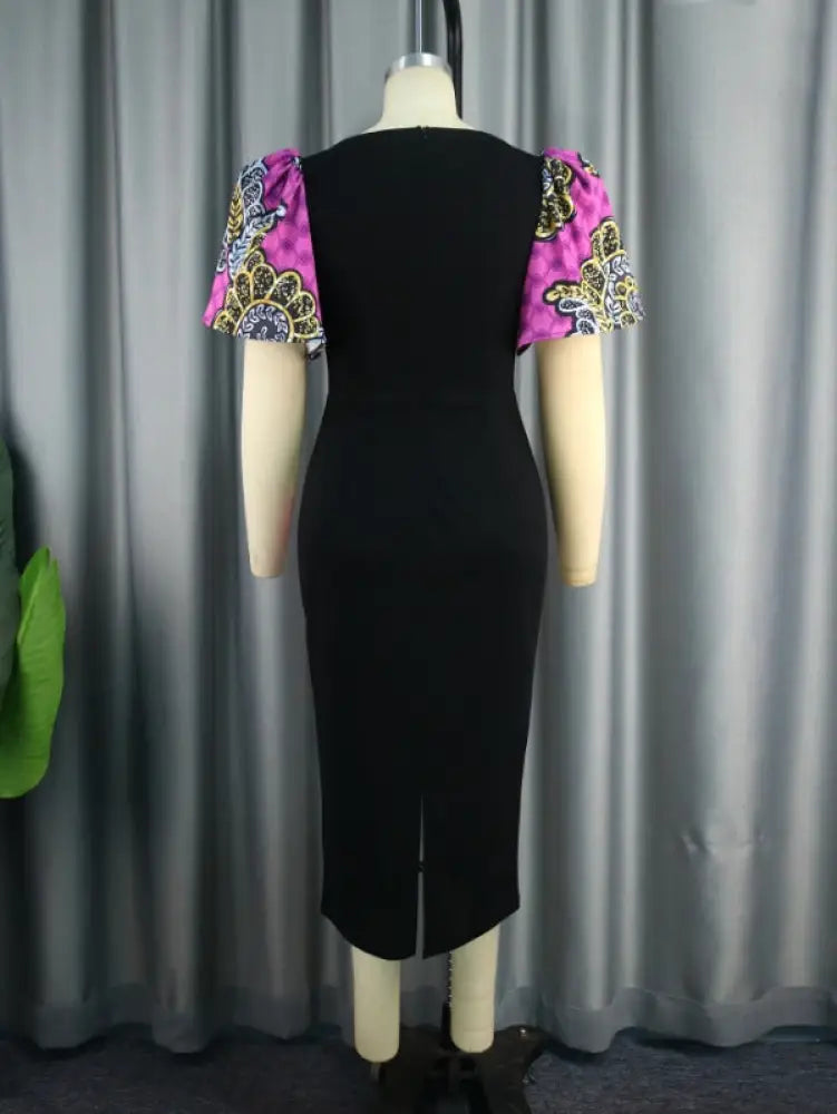 V Neck Patchwork African Printed Midi Dresses