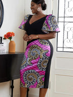 V Neck Patchwork African Printed Midi Dresses