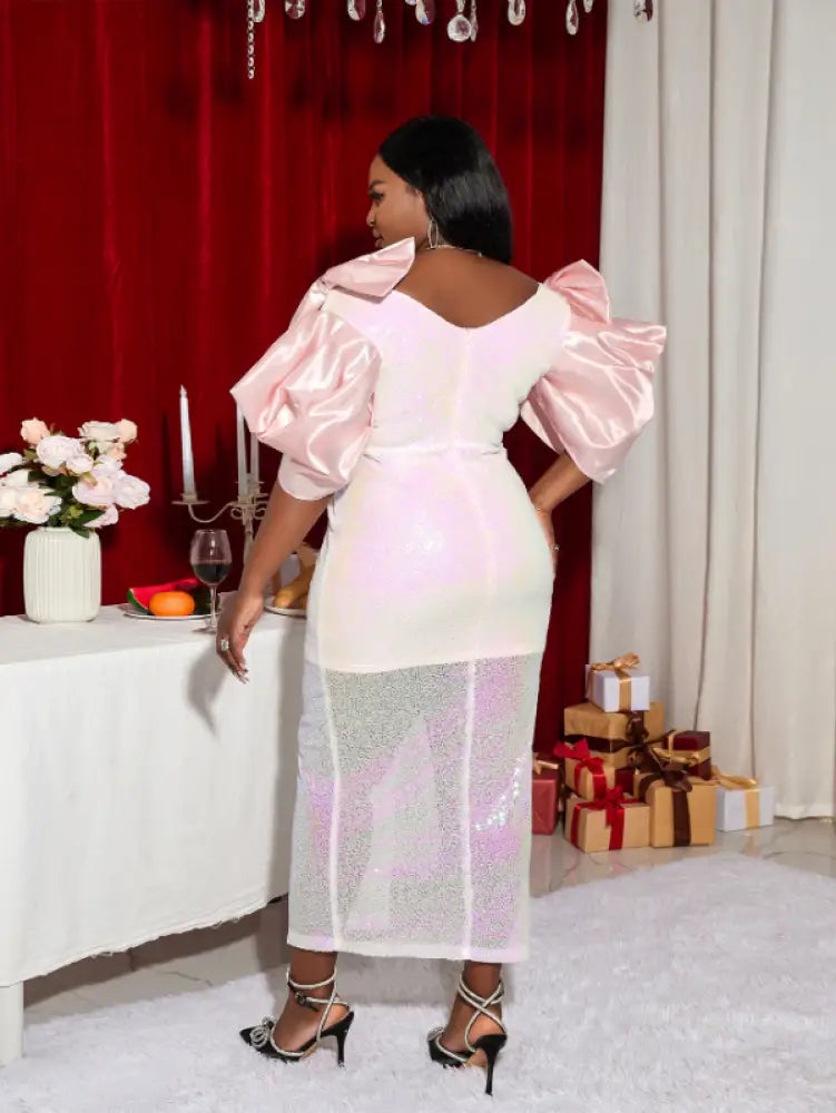 V Neck Shiny Bodycon Long Party Dress
