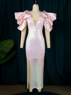 V Neck Shiny Bodycon Long Party Dress