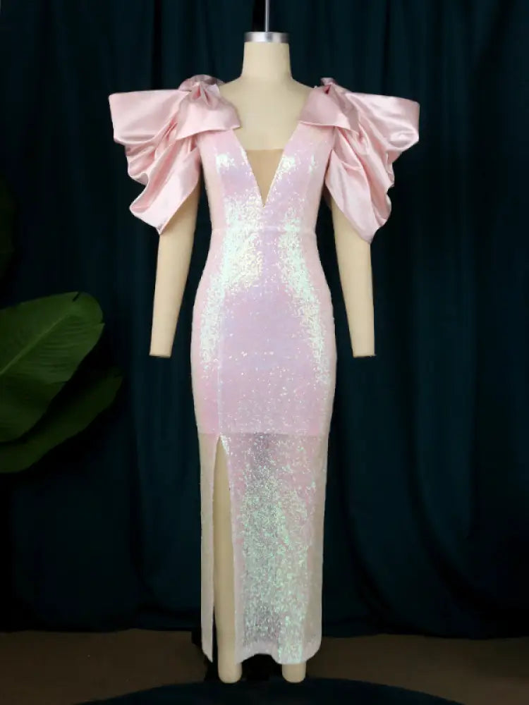 V Neck Shiny Bodycon Long Party Dress