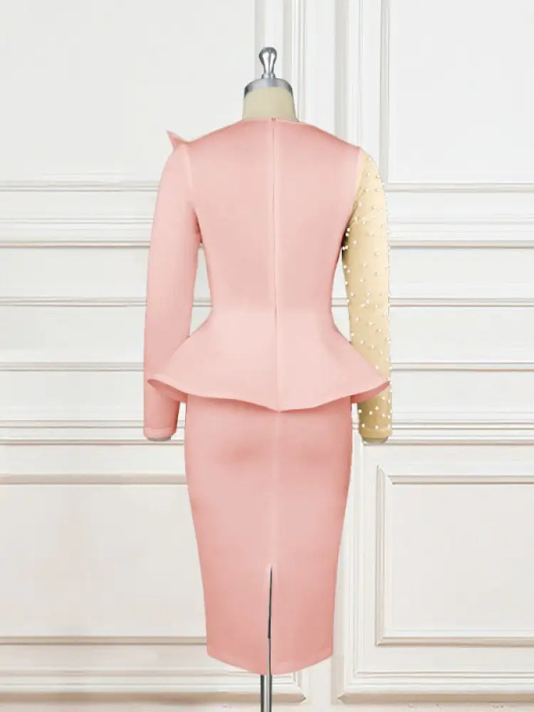 Women Beading Mesh Patchwork Party Dress Midi