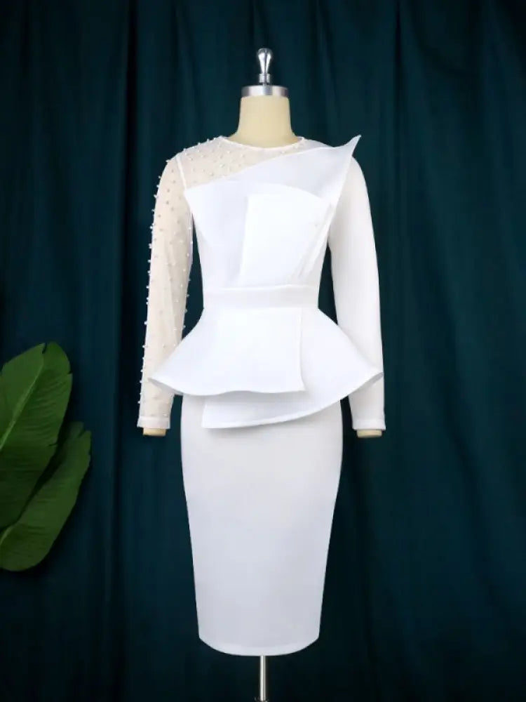 Women Beading Mesh Patchwork Party Dress Midi