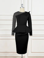 Women Beading Mesh Patchwork Party Dress Midi
