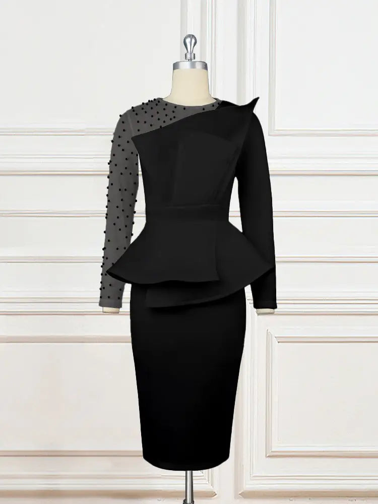 Women Beading Mesh Patchwork Party Dress Midi