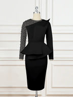 Women Beading Mesh Patchwork Party Dress Midi