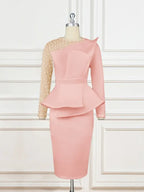 Women Beading Mesh Patchwork Party Dress Midi