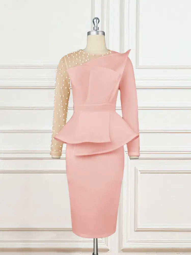Women Beading Mesh Patchwork Party Dress Midi