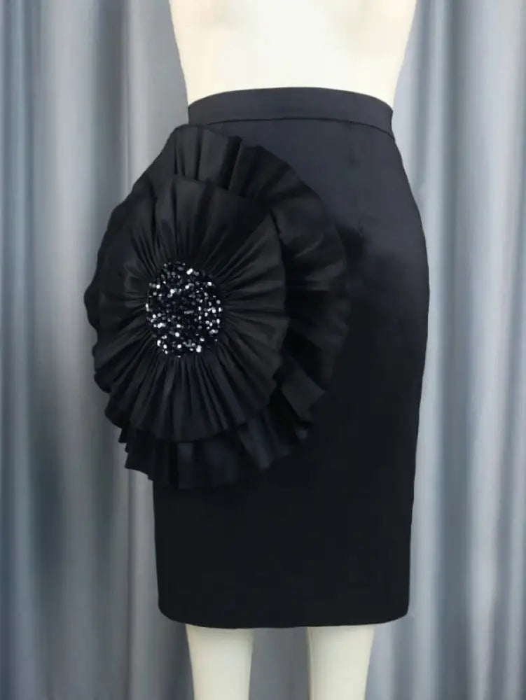 Women Black Skirt with Big Flower Sequins