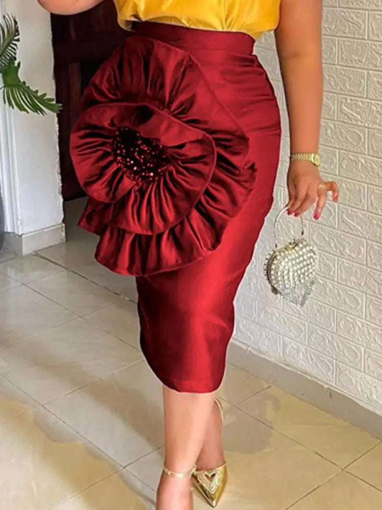 Women Black Skirt with Big Flower Sequins