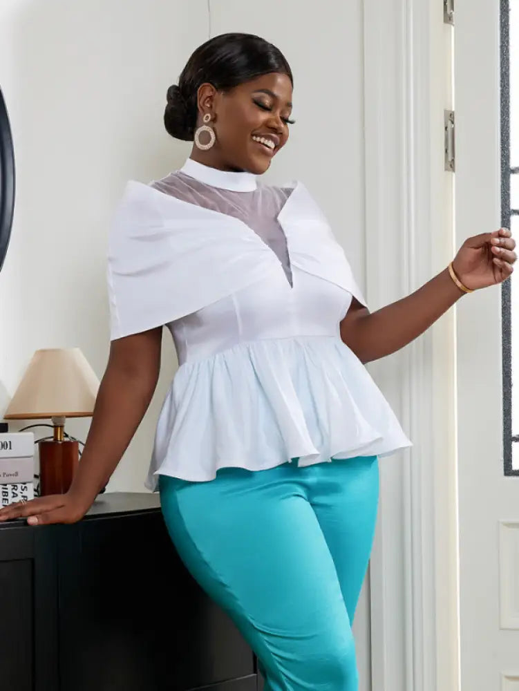 Women High Neck See Through White Blouse