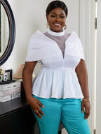Women High Neck See Through White Blouse