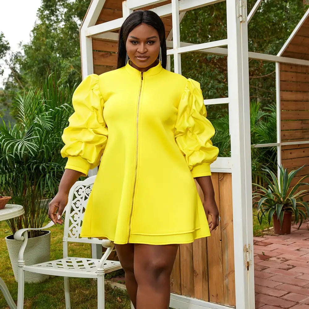 Women Loose Yellow Ruffle Mini Dress