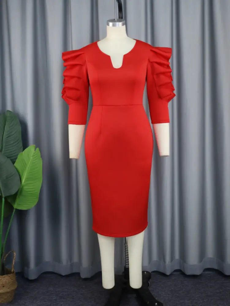 Women Red Sheath Ruffle Midi Dress