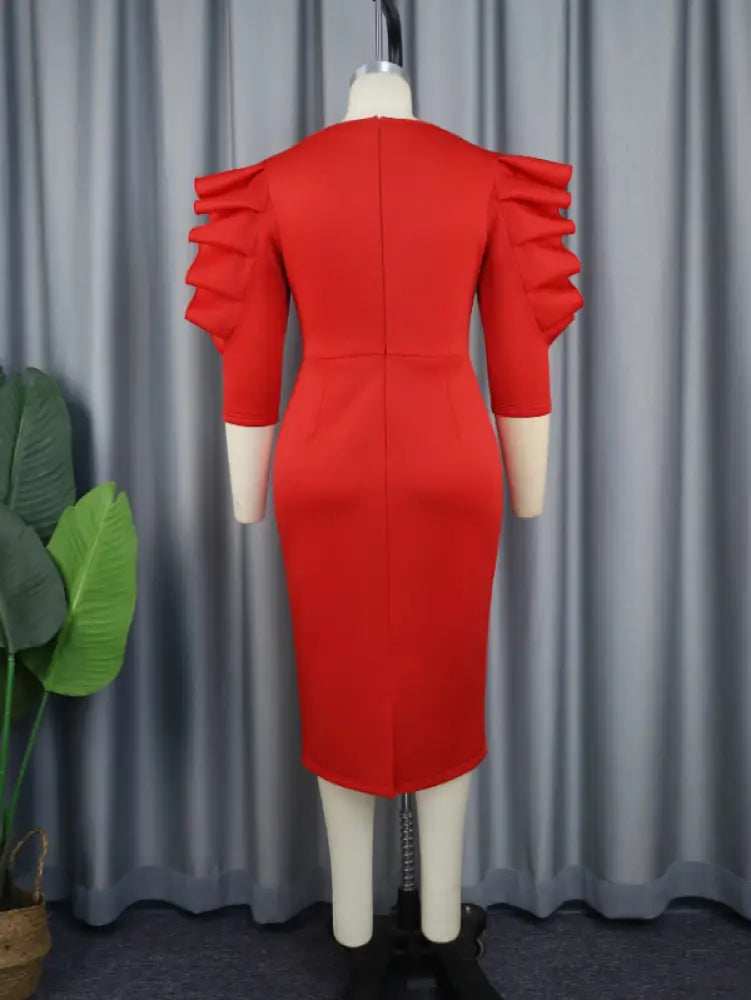 Women Red Sheath Ruffle Midi Dress