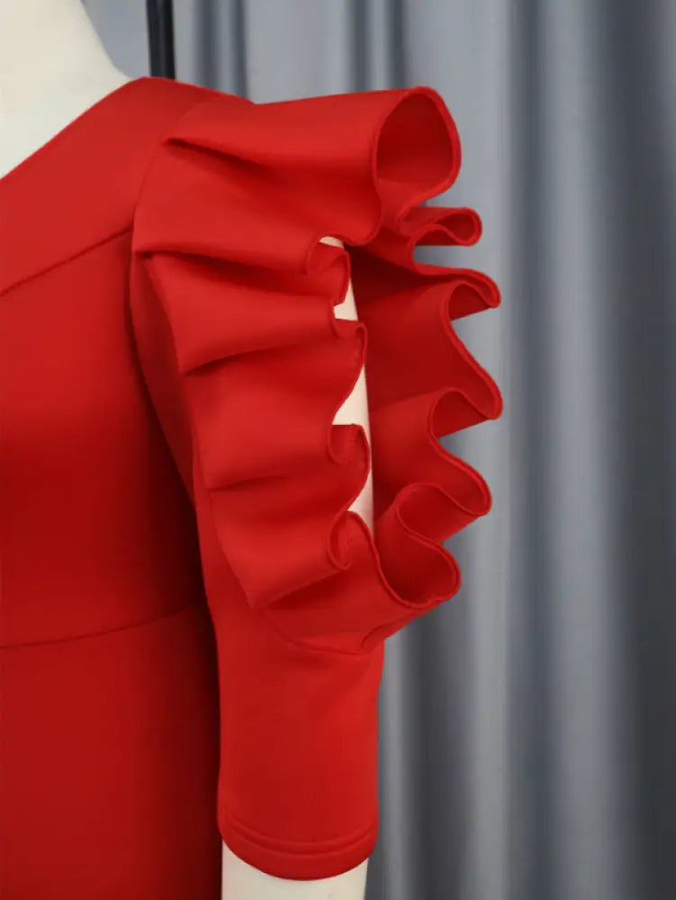 Women Red Sheath Ruffle Midi Dress