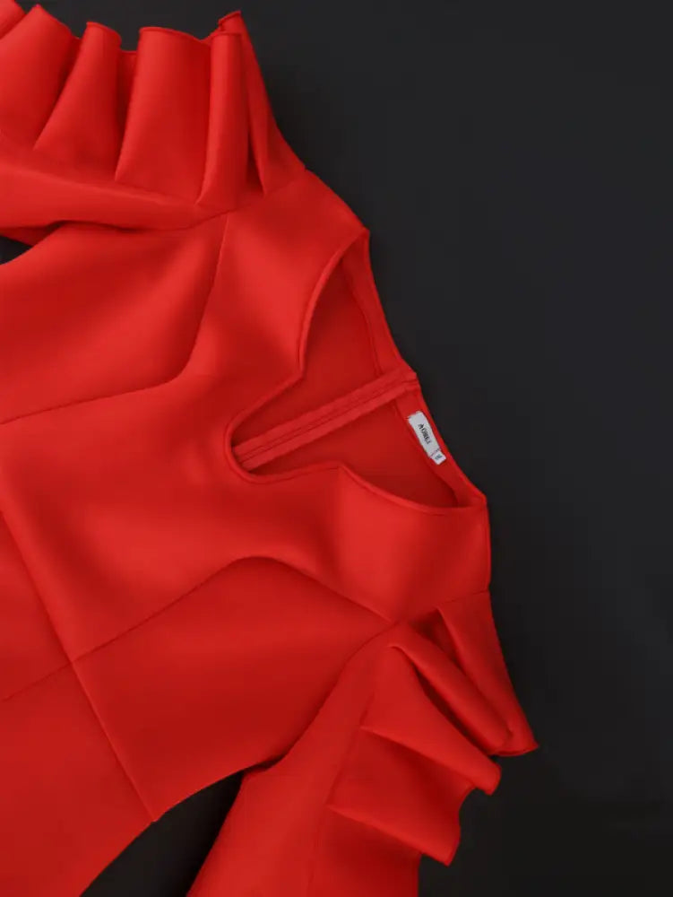 Women Red Sheath Ruffle Midi Dress
