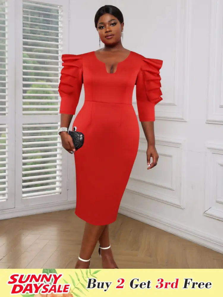 Women Red Sheath Ruffle Midi Dress