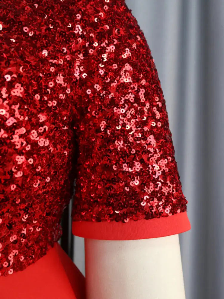 Women Short Sleeve Red Sequined Blouses