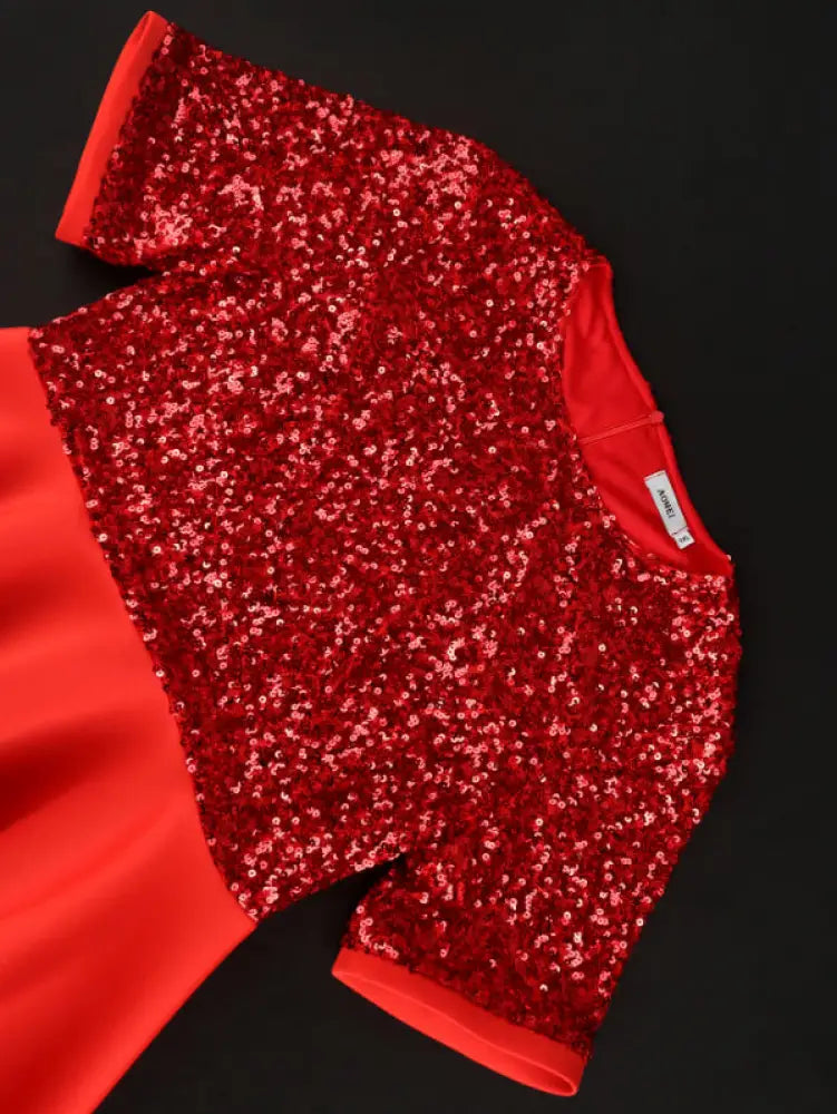 Women Short Sleeve Red Sequined Blouses
