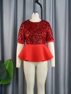 Women Short Sleeve Red Sequined Blouses