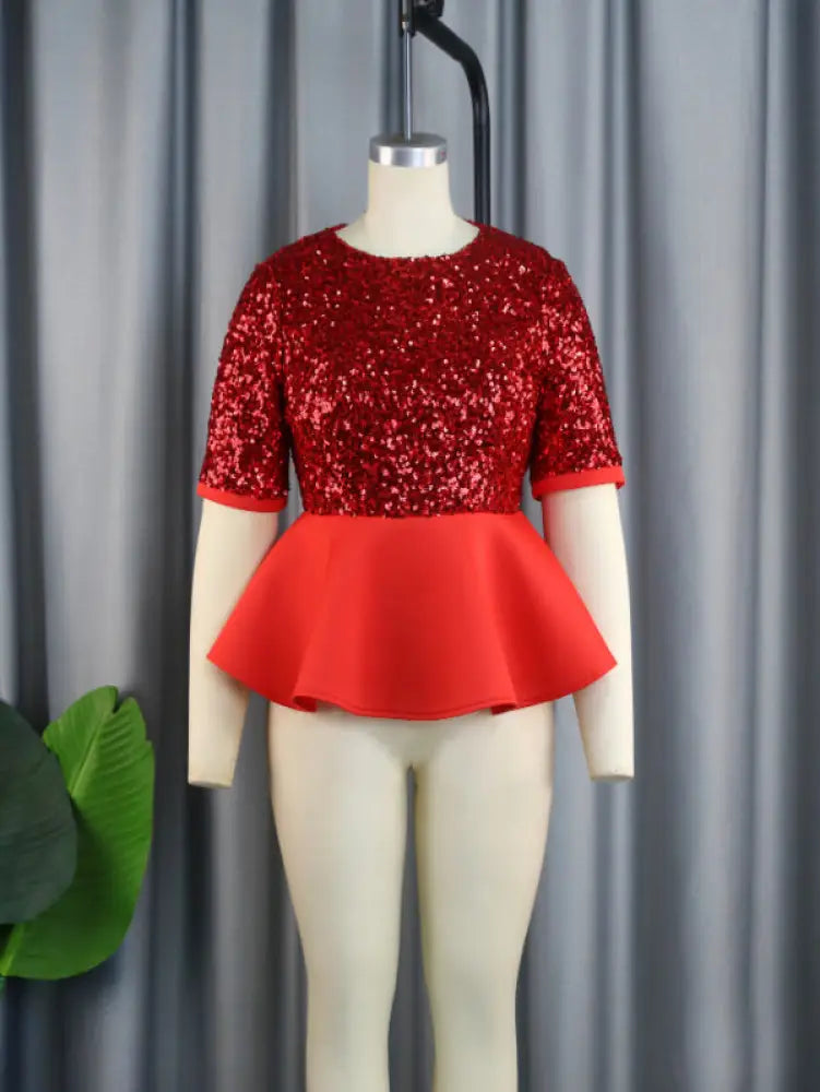 Women Short Sleeve Red Sequined Blouses