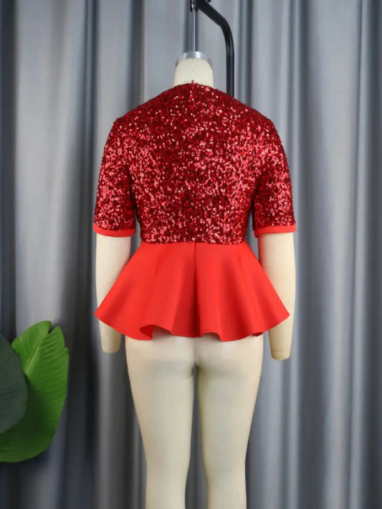 Women Short Sleeve Red Sequined Blouses