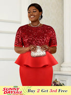 Women Short Sleeve Red Sequined Blouses