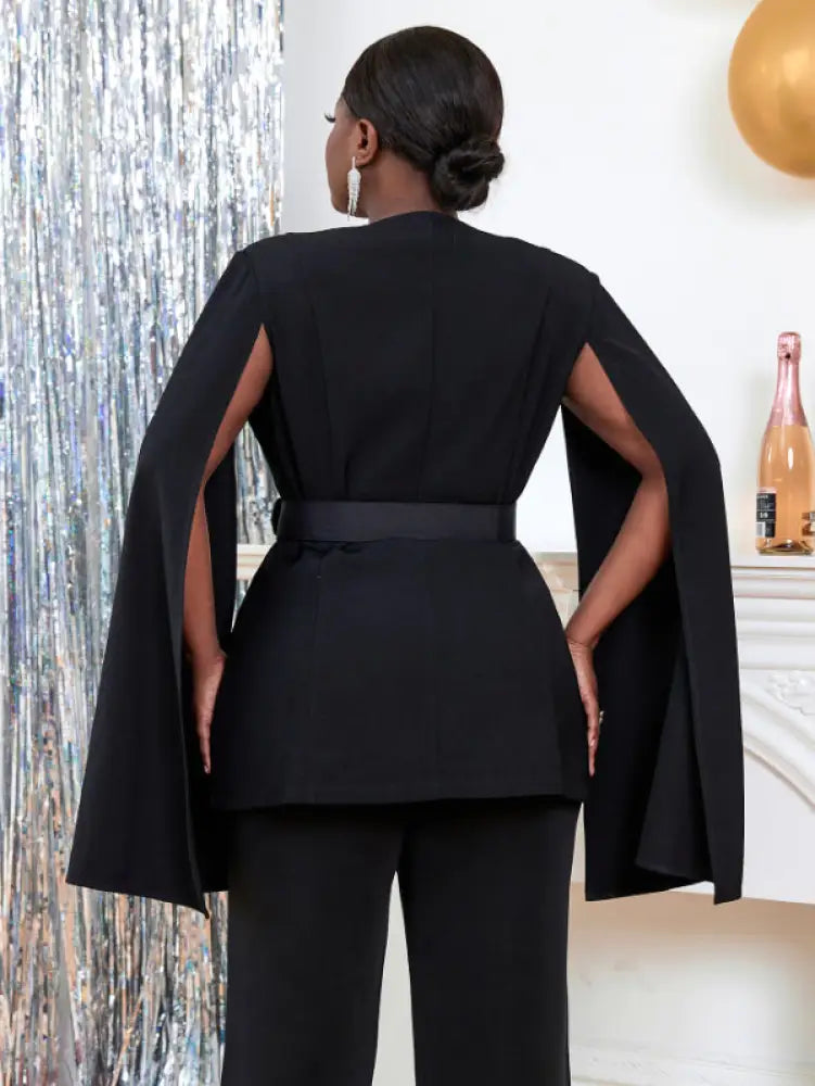 Women V Neck Cloak Sleeve Black Blazers with Waist Belt
