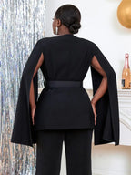 Women V Neck Cloak Sleeve Black Blazers with Waist Belt