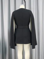 Women V Neck Cloak Sleeve Black Blazers with Waist Belt