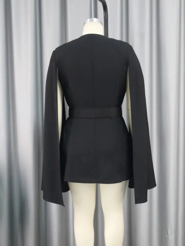 Women V Neck Cloak Sleeve Black Blazers with Waist Belt