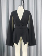 Women V Neck Cloak Sleeve Black Blazers with Waist Belt