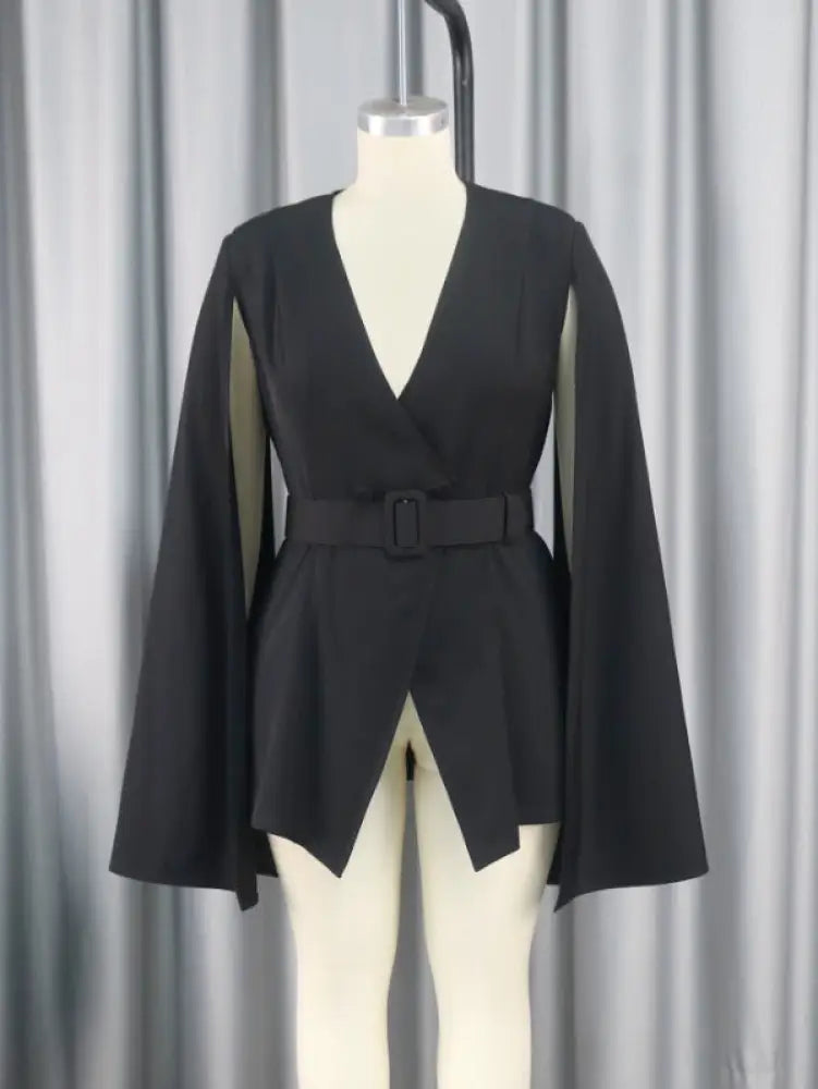 Women V Neck Cloak Sleeve Black Blazers with Waist Belt