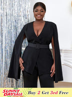 Women V Neck Cloak Sleeve Black Blazers with Waist Belt