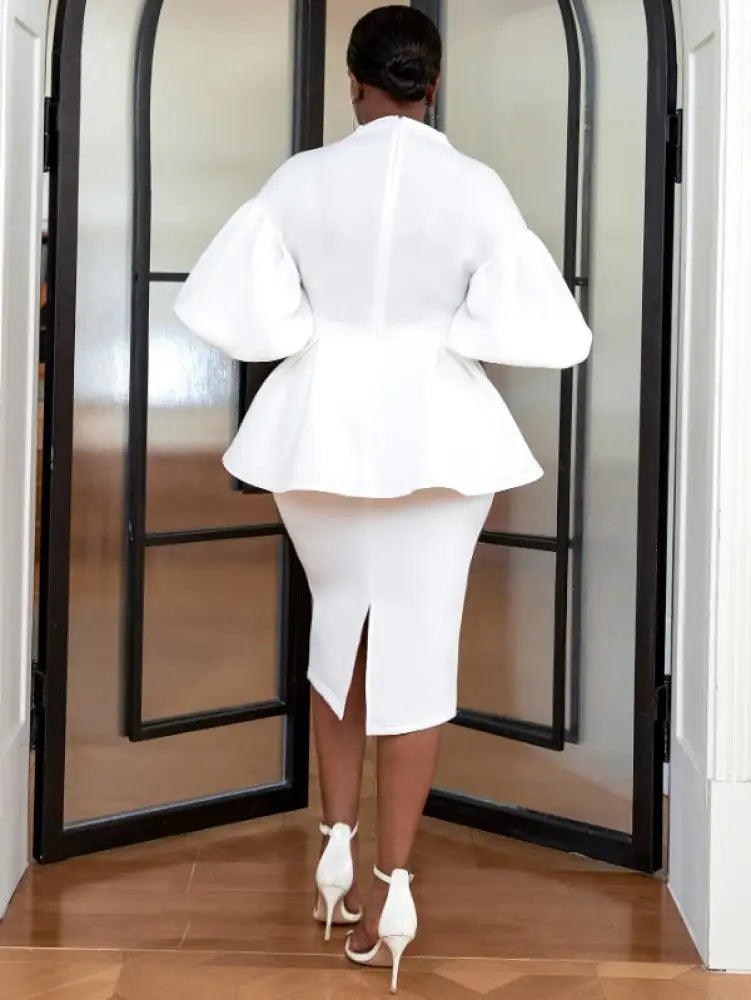 Women White High Waist Peplum Top 2 Piece Set