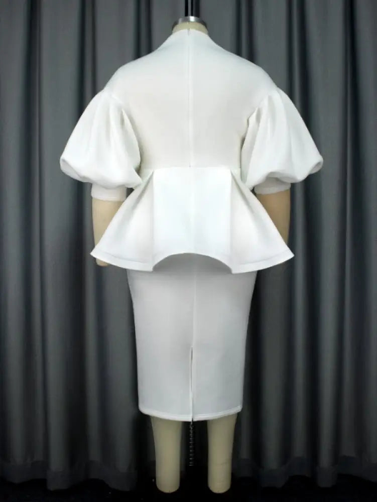 Women White High Waist Peplum Top 2 Piece Set