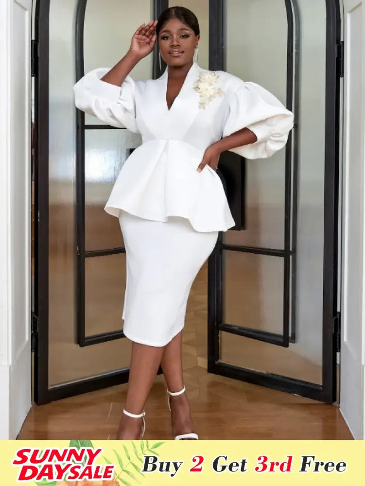 Women White High Waist Peplum Top 2 Piece Set