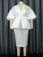 Women White High Waist Peplum Top 2 Piece Set