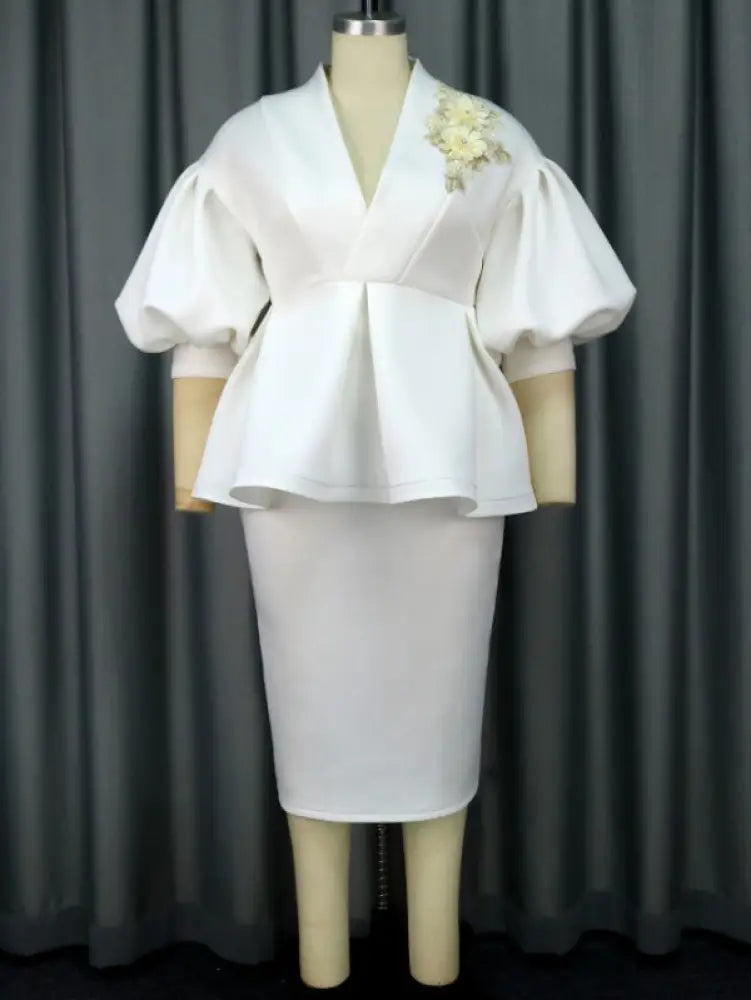 Women White High Waist Peplum Top 2 Piece Set