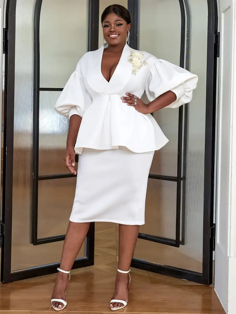 Women White High Waist Peplum Top 2 Piece Set