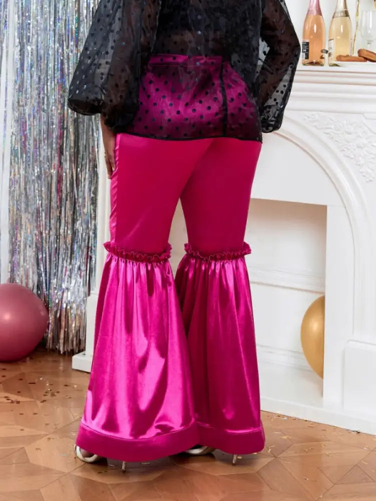 Women‘s Fuchsia Elastic Satin Flare Pants Shiny