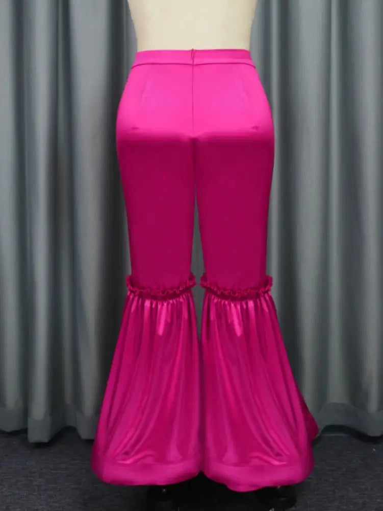 Women‘s Fuchsia Elastic Satin Flare Pants Shiny